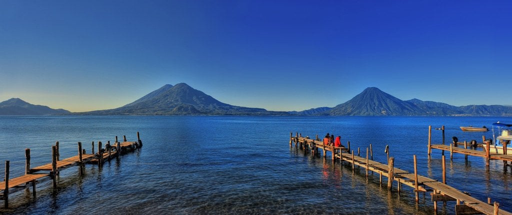 view from San Pedro la Laguna docks in Lake Atitlan Guatemala 