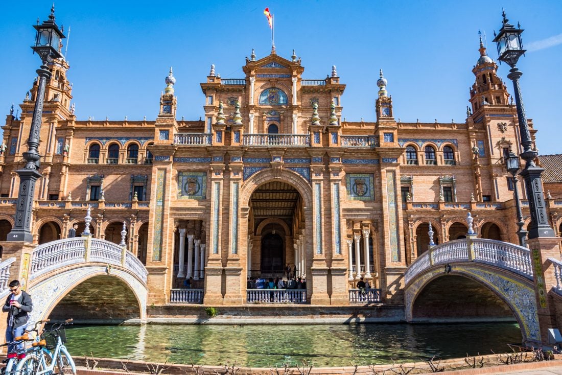 Two bridges and the main building in Plaza de Espana, Sevilla