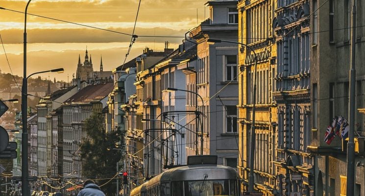 Golden hour on the streets of Zizkov, Prague Czech Republic