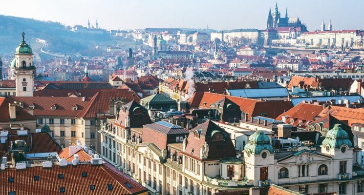 Prague Castle and Old town prague as seen from the Clock Tower in Old Town Square on a winter day