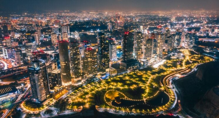 Mexico City Skyline as seen from above, at night.