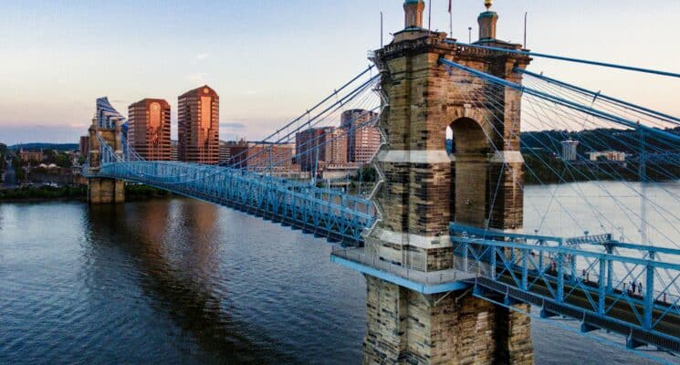 The Roebling Bridge leading across the Ohio River into Kentucky.