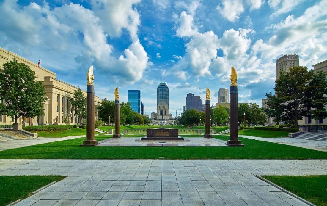 American Legion Mall area in the Indiana War Memorial Plaza on a sunny day.