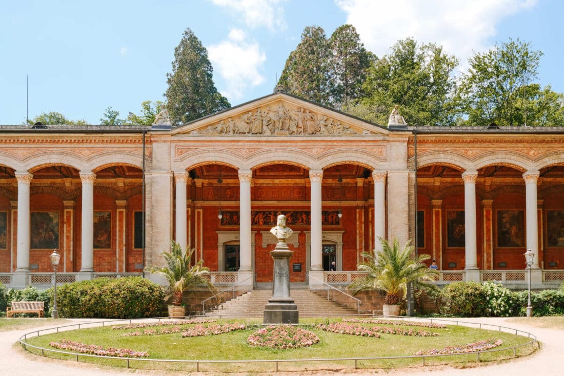 The exterior of the Trinkhalle in Baden-Baden, Germany, a peaceful underrated city to visit in Western Europe in 2025.