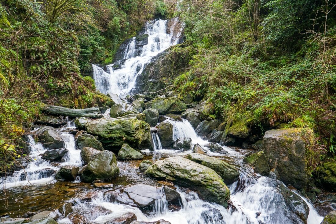 Killarney's Torc Waterfall cascading over rocks and lush greenery.